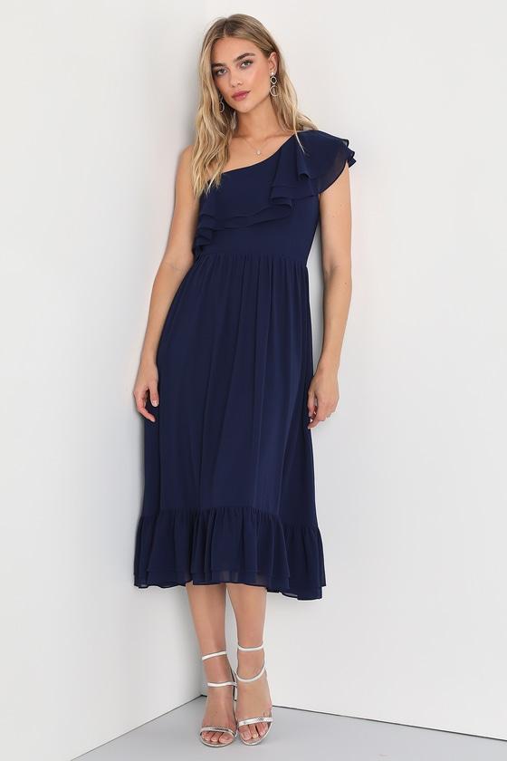 Delicate Drama Navy Blue Ruffled One-Shoulder Midi Dress product image