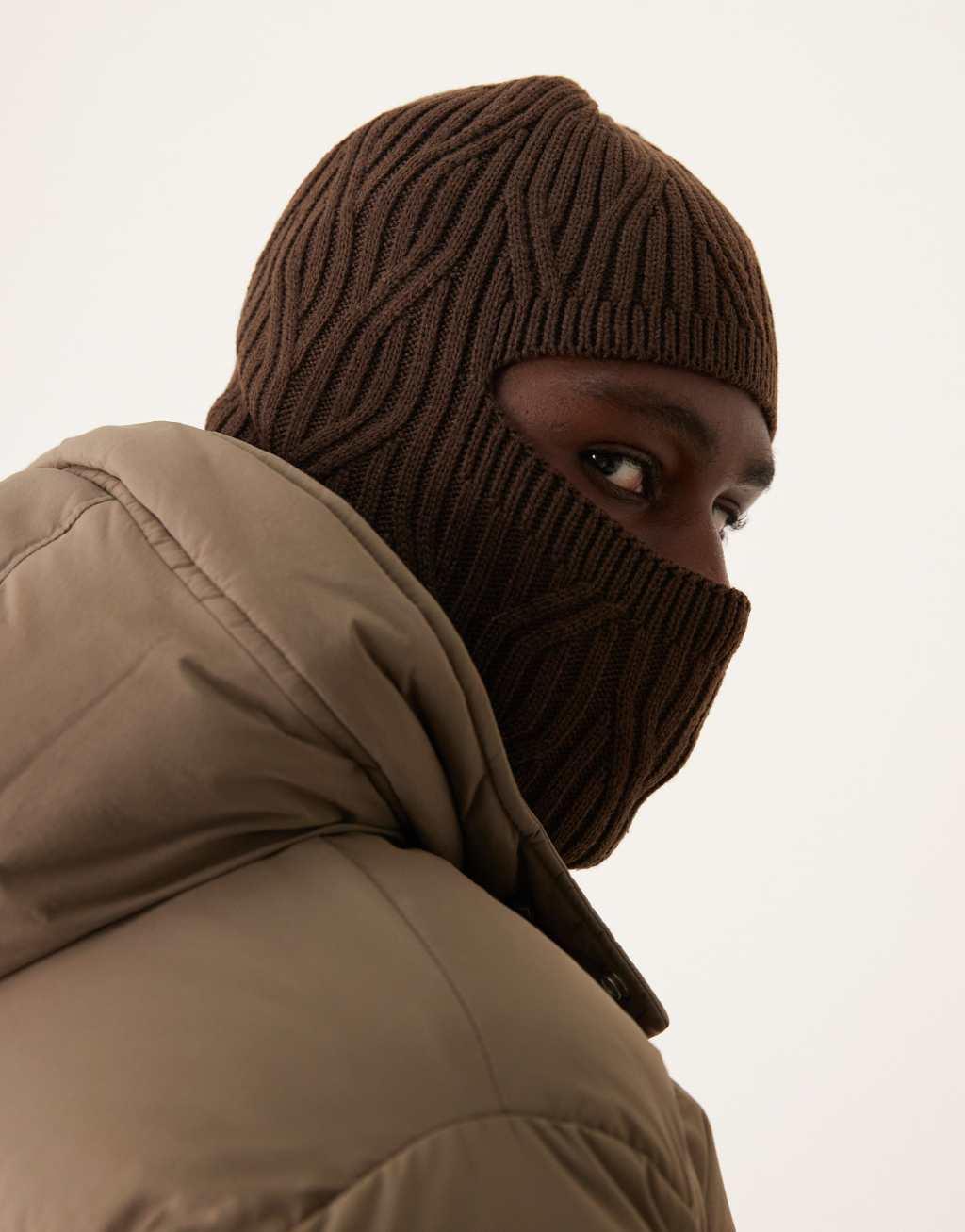 ASOS DESIGN cable knit balaclava in brown Product Image