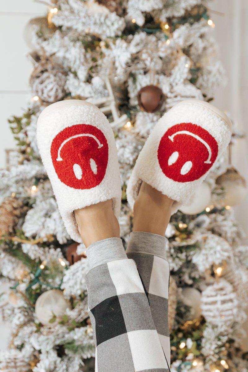 Red Smiley Face Faux Plush Slippers Product Image