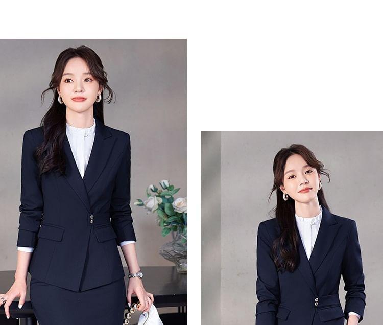 Peak Lapel Plain Single-Breasted Blazer / Long-Sleeve Bow Shirt / High Waist Pencil Skirt / Straight Leg Slacks Product Image