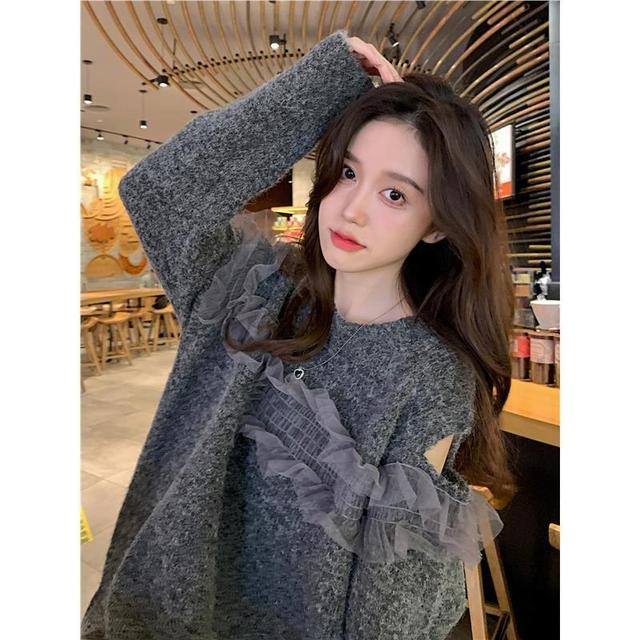 Crew Neck Cold Shoulder Plain Frill Trim Sweater Product Image