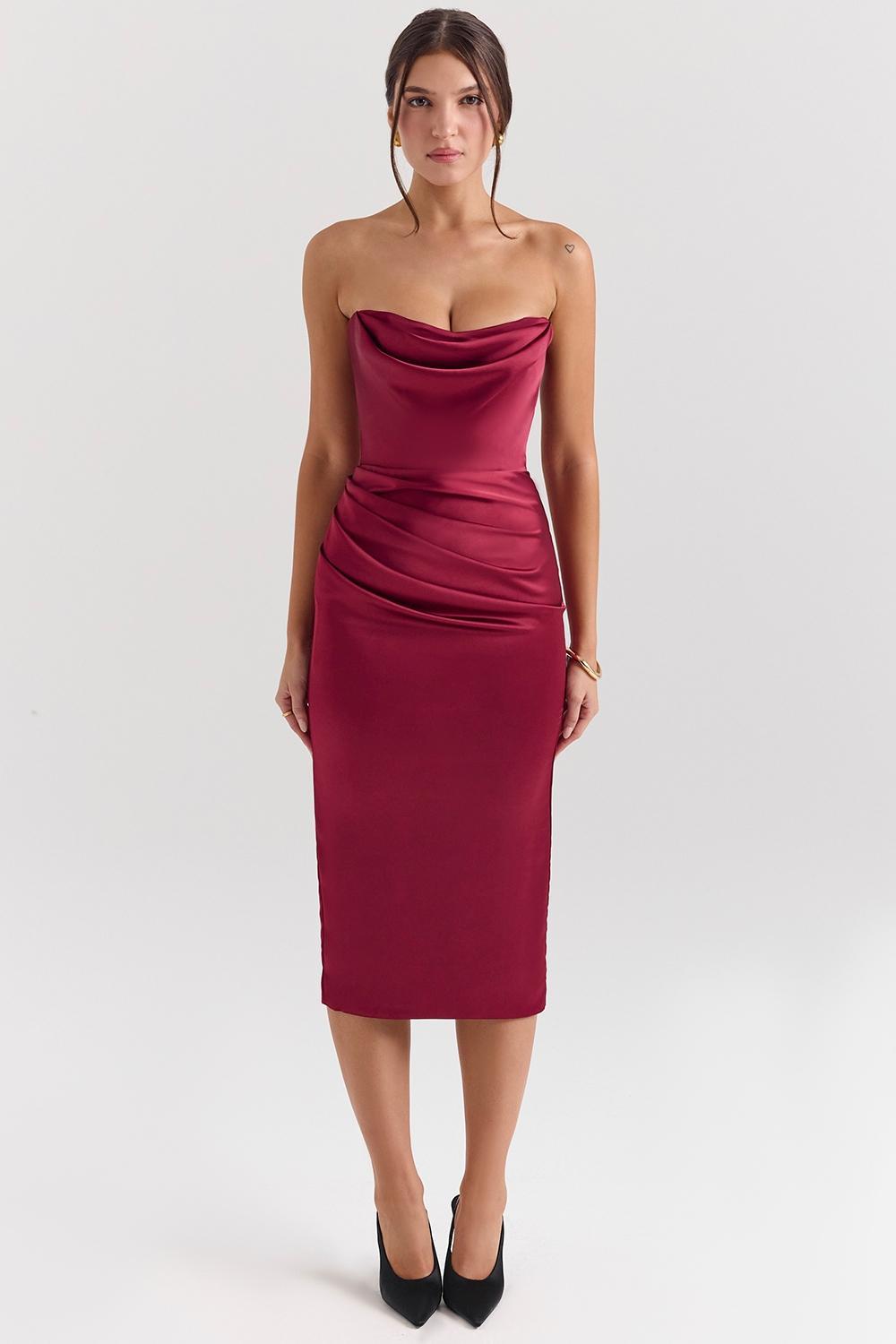 Santana Berry Satin Strapless Midi Dress Product Image