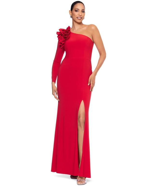 Xscape Womens Single-Sleeve Ruffle-Trim Evening Gown Product Image