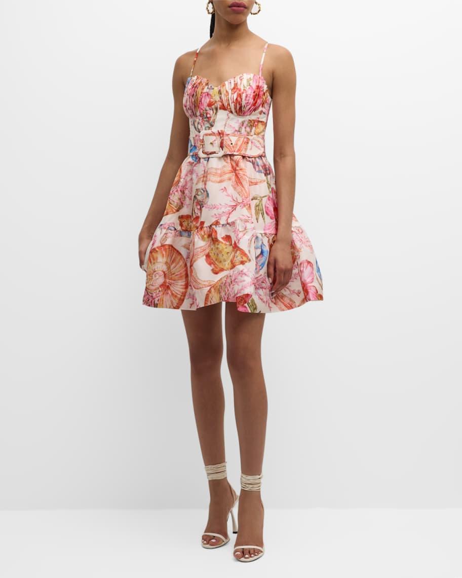 Summer Seas Pleated Coral-Print Mini Dress Product Image