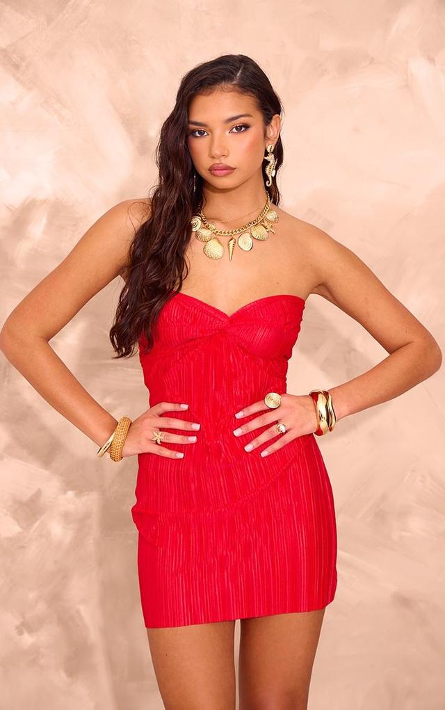 Bright Red Plisse Knot Detail Bandeau Bodycon Dress Product Image