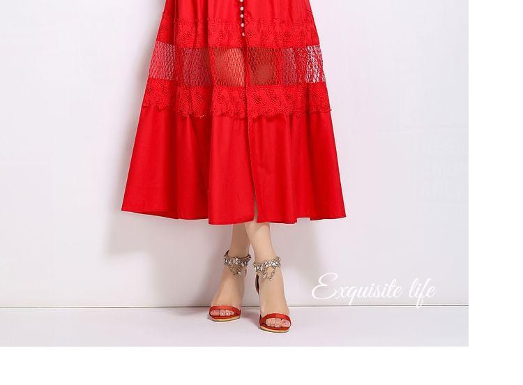 Long Sleeve Band Collar Plain Ruffle Faux Pearl Button Tie-Waist Panel Lace Midi A-Line Dress Product Image