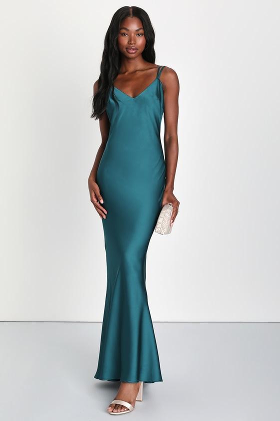 Chic Entrance Dark Teal Satin Backless Slip Maxi Dress product image