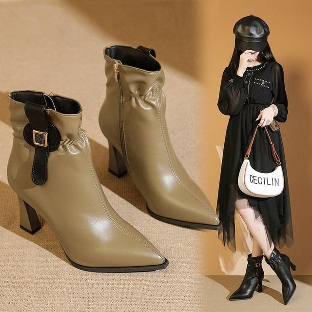 Chunky Heel Pointed Toe Ruched Zip-Up Faux Leather Short Boots Product Image