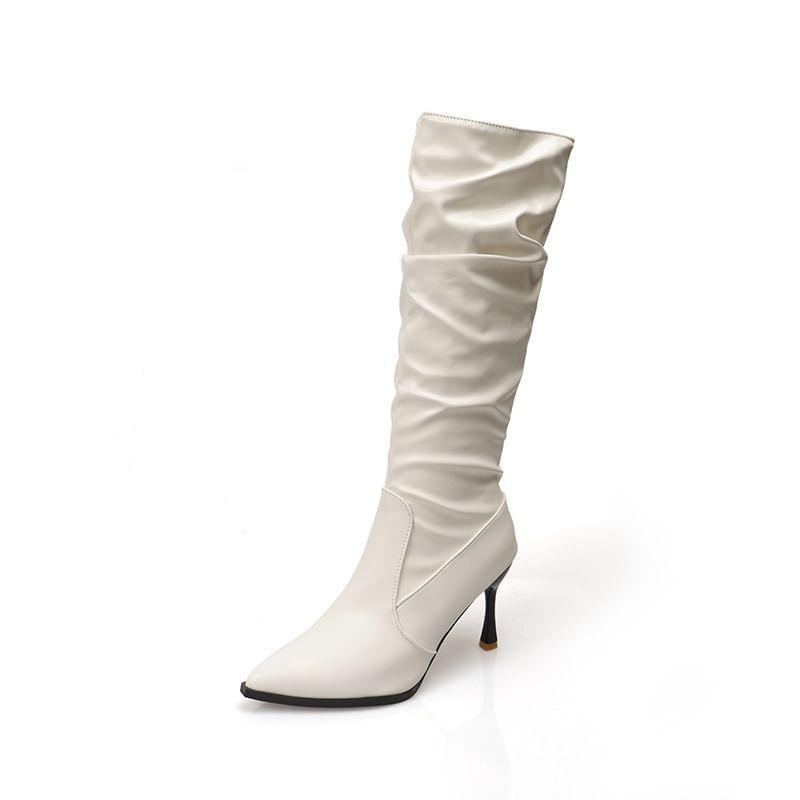 High Heel Pointed Toe Plain Faux Leather Tall Boots Product Image