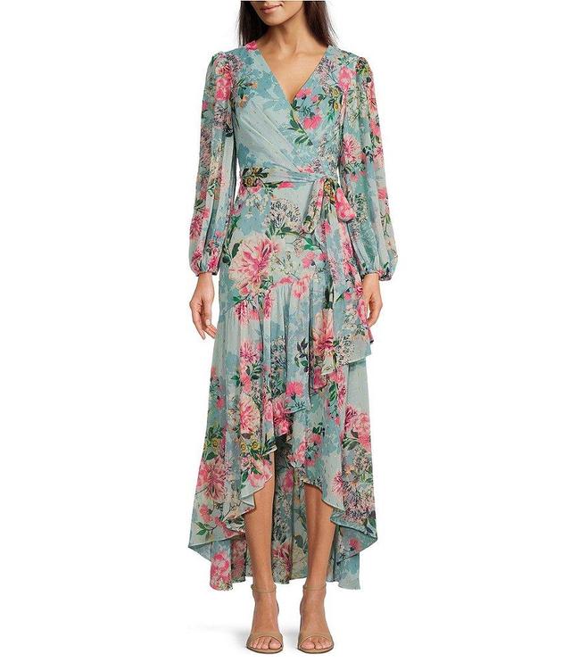 Eliza J Floral Metallic Surplice V-Neck Long Sleeve High-Low Wrap Maxi Dress Product Image