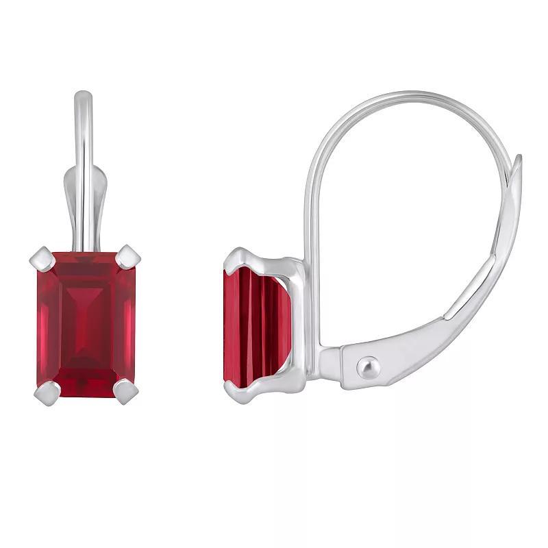 Celebration Gems 10k Gold Emerald Cut Lab-Created Ruby Leverback Earrings, Womens, Red Product Image