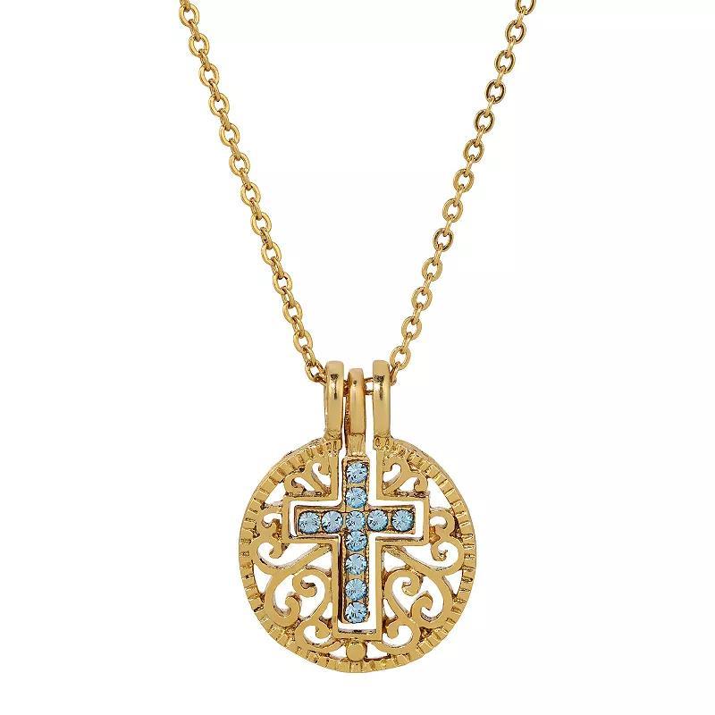 1928 Gold Tone Birthstone Crystal Cross Pendant Necklace, Womens, Blue Product Image