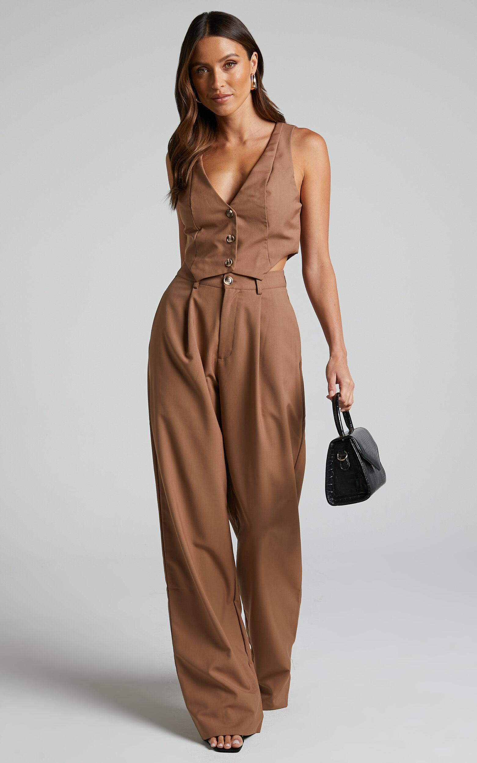 Izara Trousers - Mid Rise Relaxed Straight Leg Tailored Trousers in Mocha product image