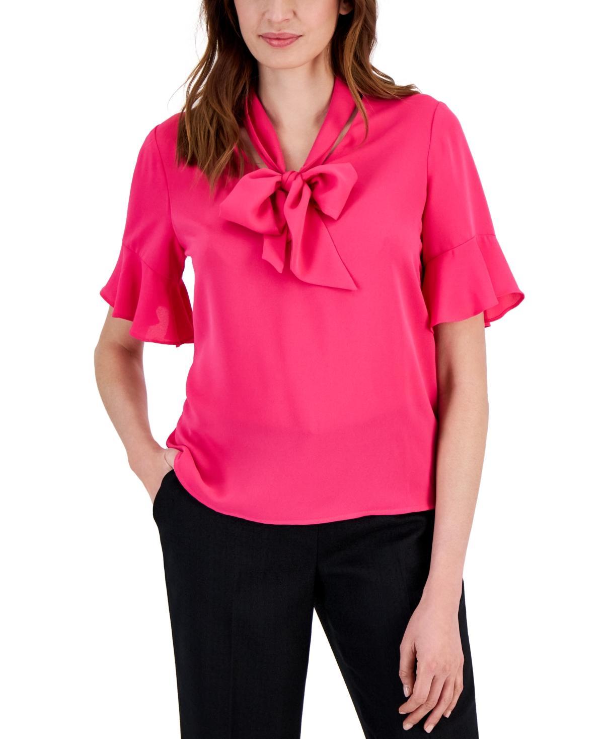 Kasper Womens Tie-Neck Elbow-Sleeve Blouse Product Image