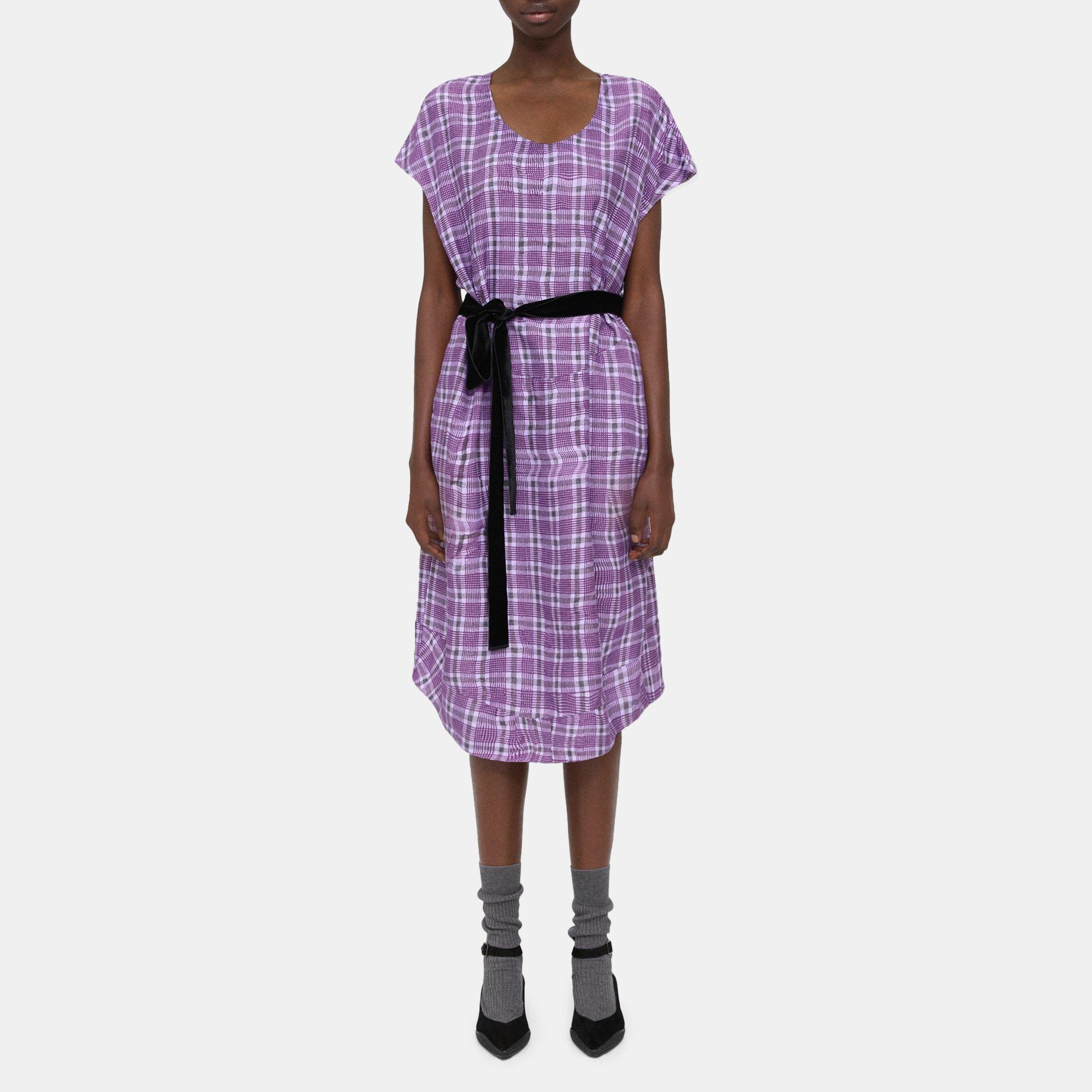 Purple Belted Silk-Viscose Check Dress | Theory Project Product Image