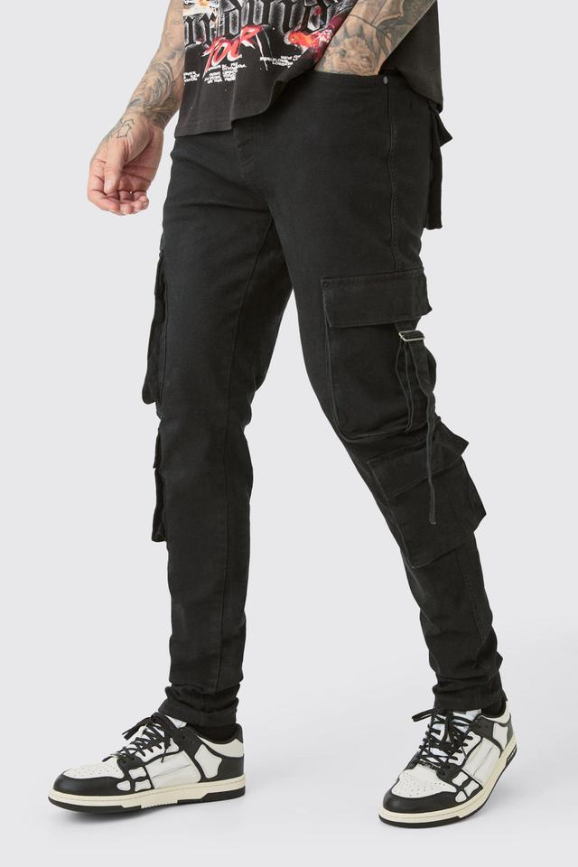 Tall Stretch Skinny Cargo Pocket Detail Jean In True Black | boohooMAN USA Product Image