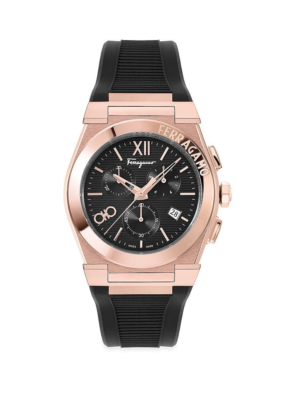 Salvatore Ferragamo Mens Vega Rose Gold Quartz Chronograph Black Silicone Strap Watch Product Image