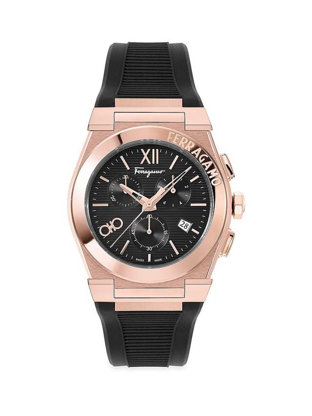 Salvatore Ferragamo Mens Swiss Chronograph Vega Black Silicone Strap Watch 42mm - Ip Rose Gold Product Image