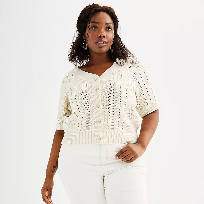 Plus Size Sonoma Goods For Life Short Sleeve Crochet V-Neck Cardigan, Womens Ivory Product Image