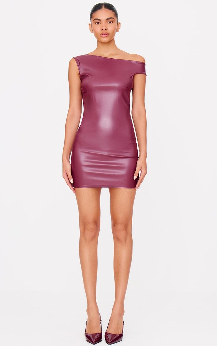 Burgundy Asymmetric Off Shoulder Faux Leather Mini Dress Product Image