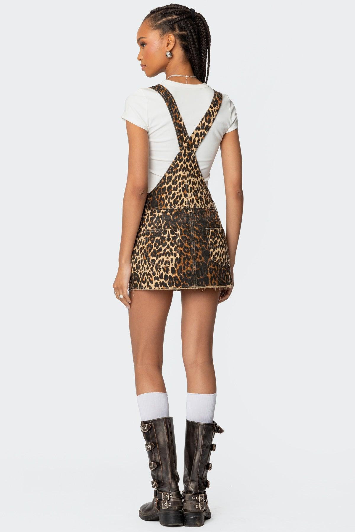 Leopard Denim Overall Mini Dress Product Image