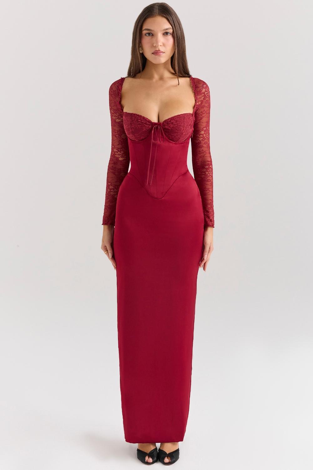 Perdi Berry Satin Maxi Dress with Corset Product Image