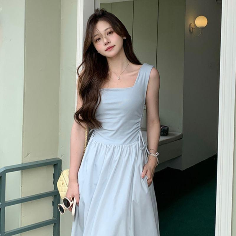 Sleeveless Square-Neck Plain Side-Drawstring Maxi A-Line Dress Product Image