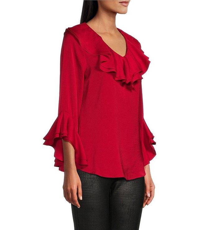 Slim Factor by Investments V-Neck 3/4 Ruffle Sleeve Blouse Product Image