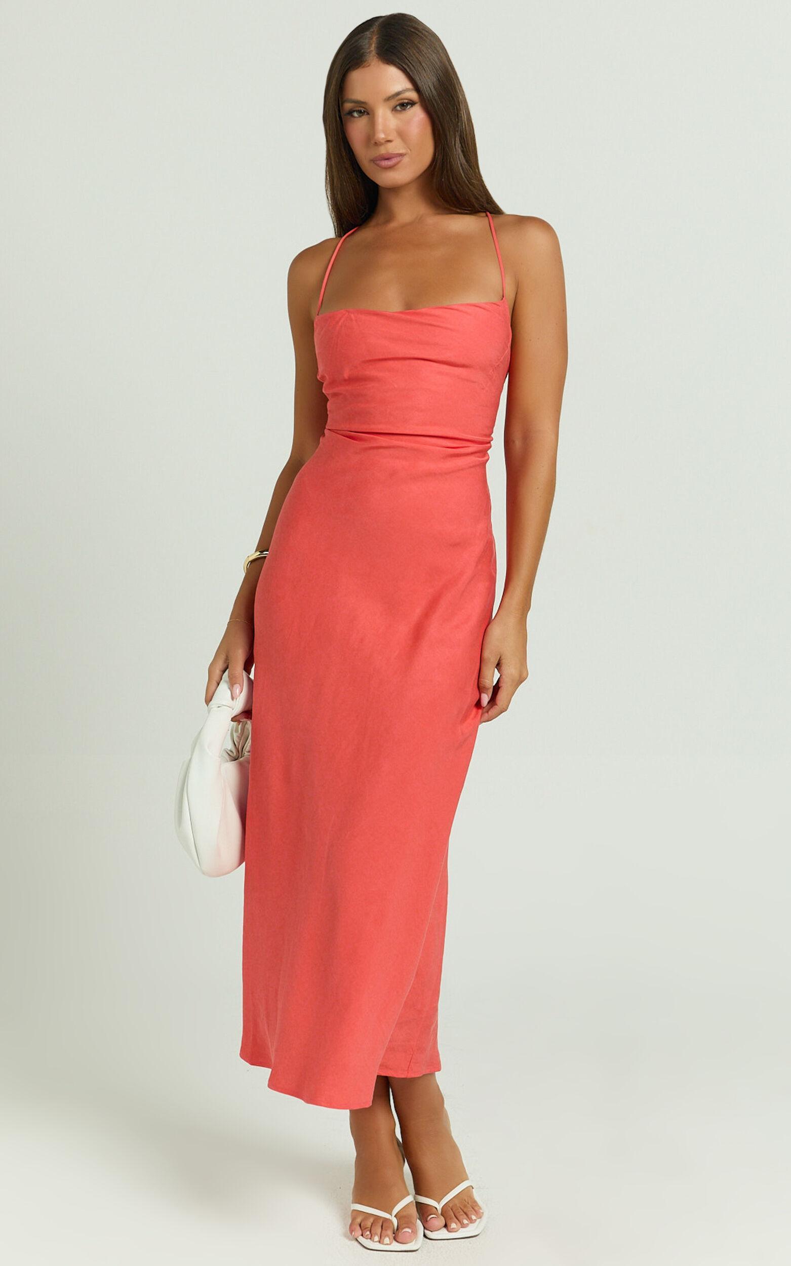 Evangeline Midi Dress - Square Neck Cross Back Bias Dress in Coral Product Image