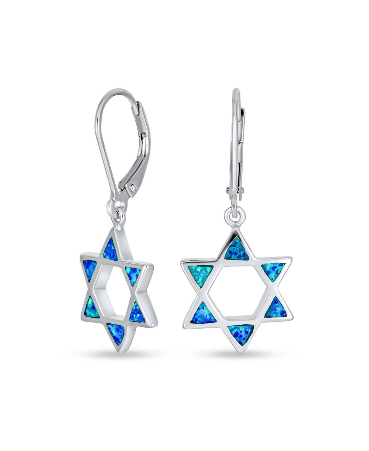 Bling Jewelry Created Blue Opal Religious Judaica Magen Hanukkah Star Of David Leverback Dangle Earrings For Women Bat Mitzvah Sterling Silver Product Image