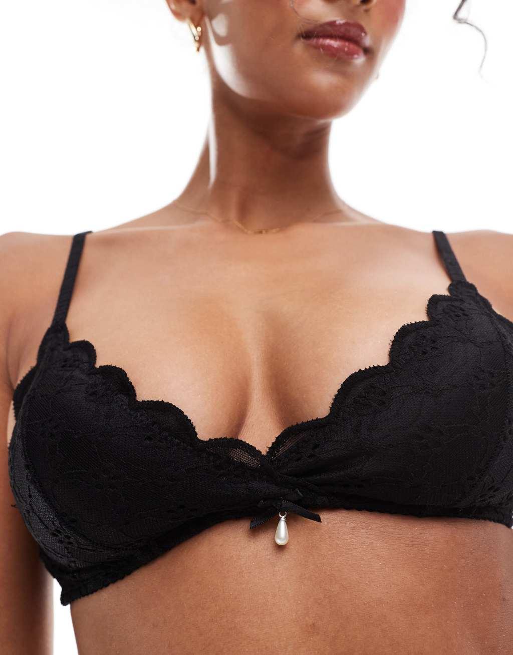 Cotton On eyelet triangle padded bralette in black - part of a set Product Image