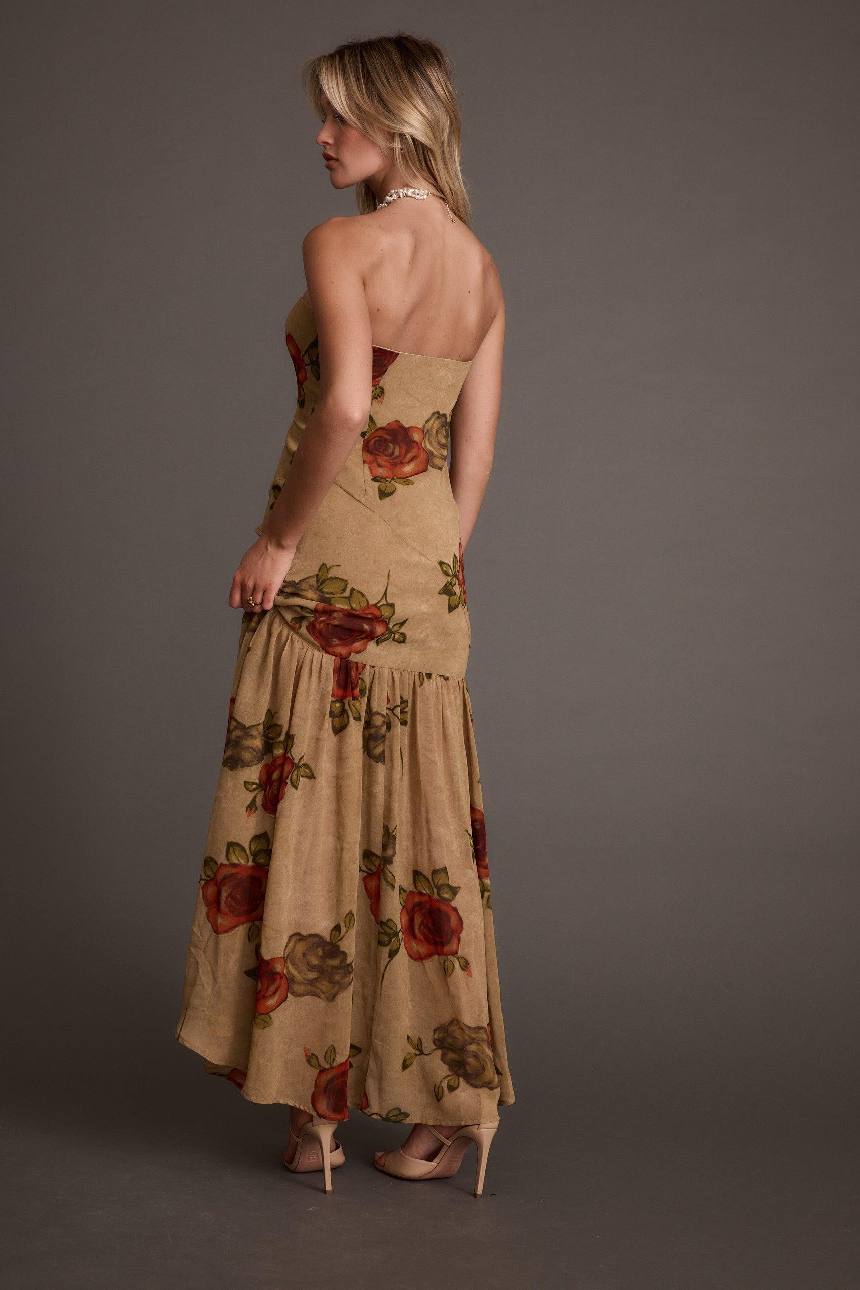 LaBelle Tan Floral Drop Waist Maxi Dress Product Image