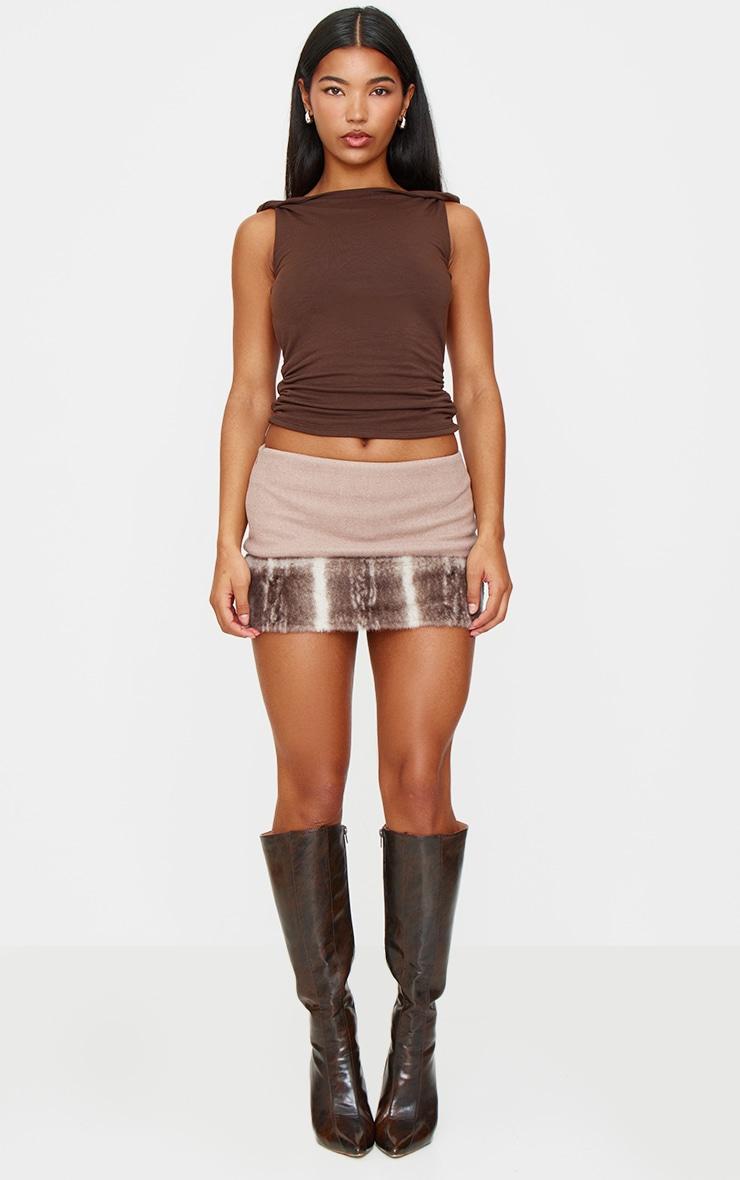 Brown Faux Fur Trim Wool Look Micro Mini Skirt Product Image