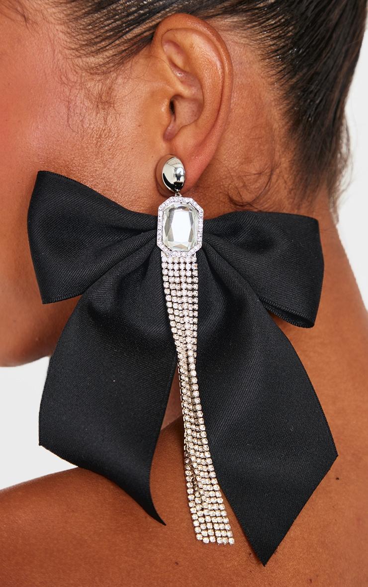 Black Oversized Satin Bow Jewel Diamante Statement Earrings Product Image