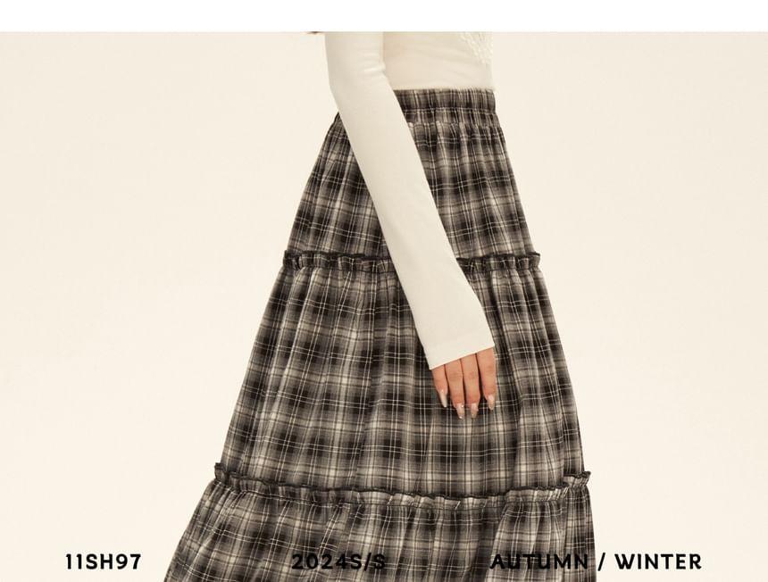 High Rise Ruffle Trim Plaid A-Line Maxi Skirt Product Image