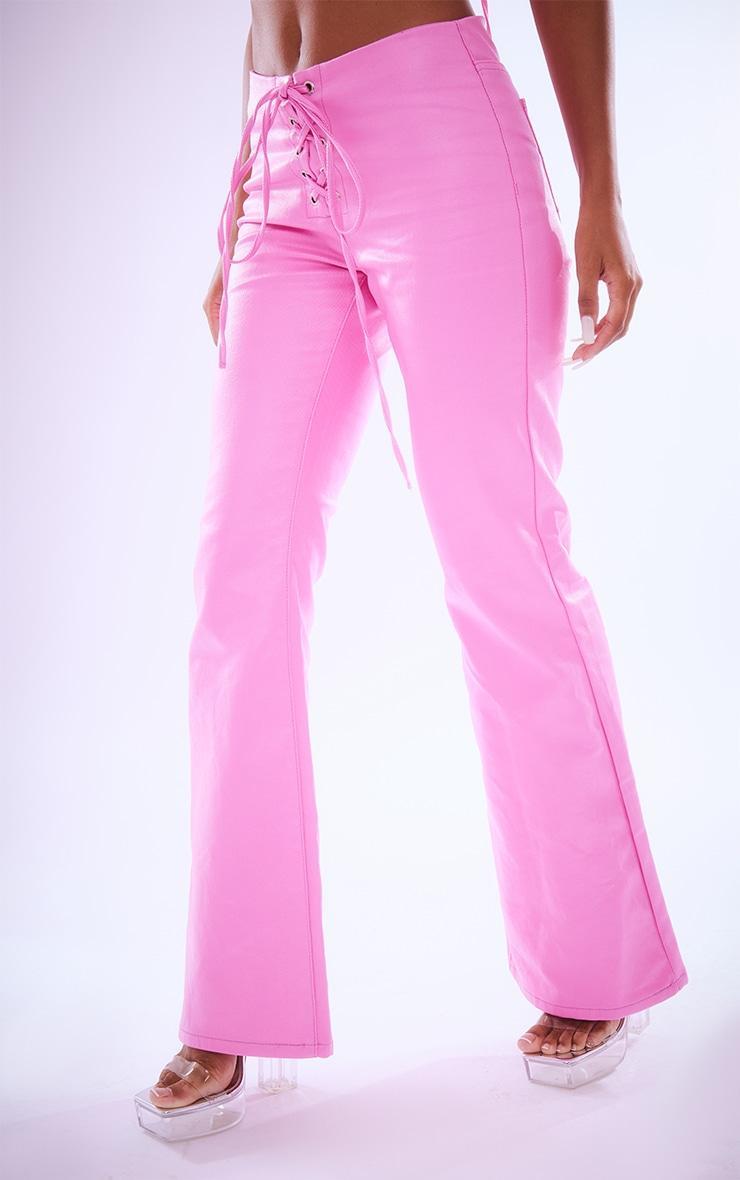 Pink Low Rise Lace Up Detail Coated Denim Flare Jeans Product Image