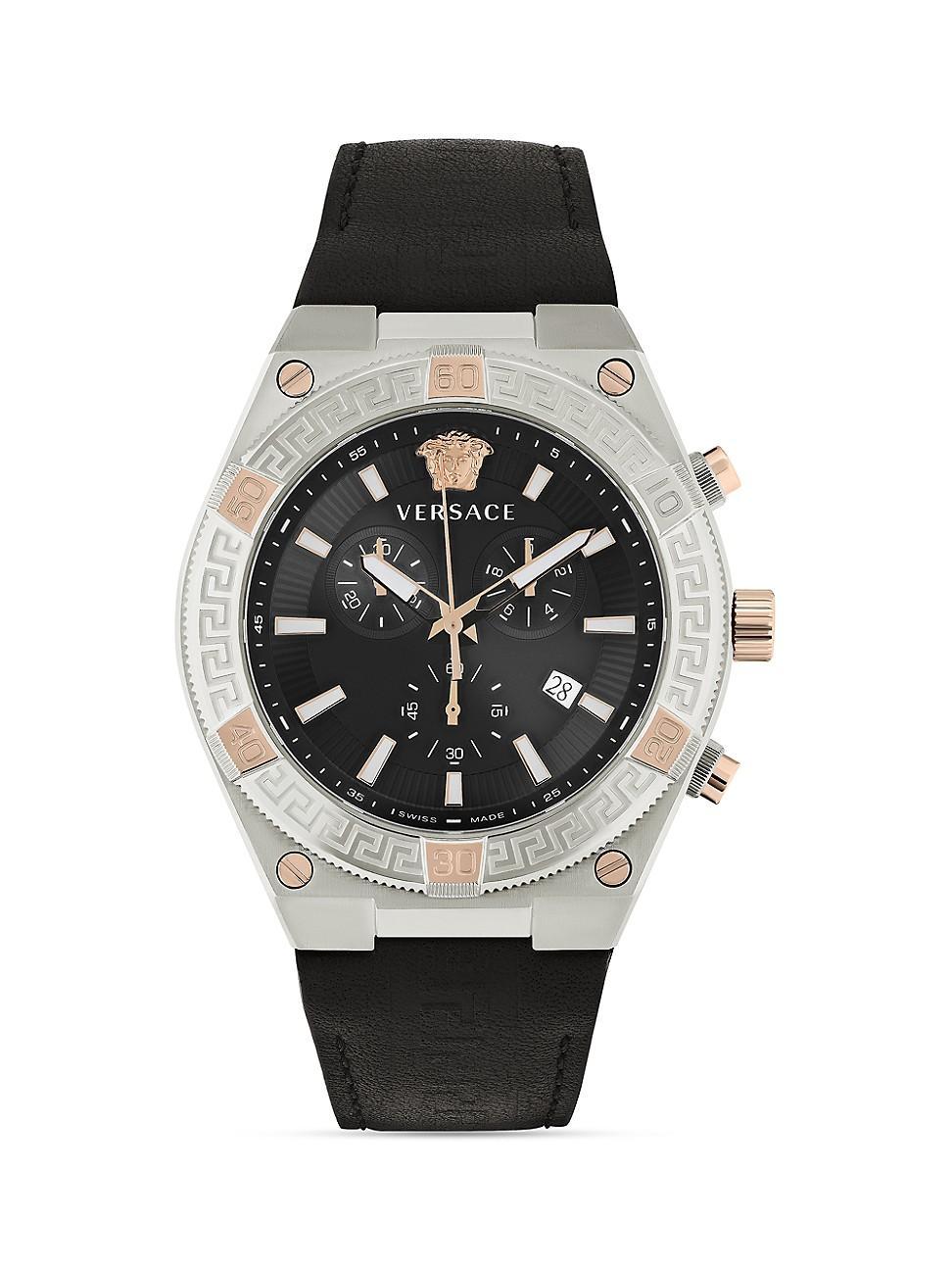 Mens V-Sporty Greca Stainless Steel & Leather Watch Product Image