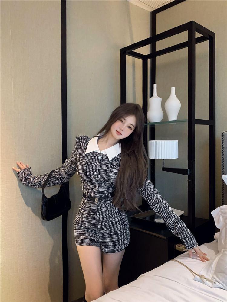 Long Sleeve Lapel Collar Button Up Tweed Playsuit with Belt Product Image