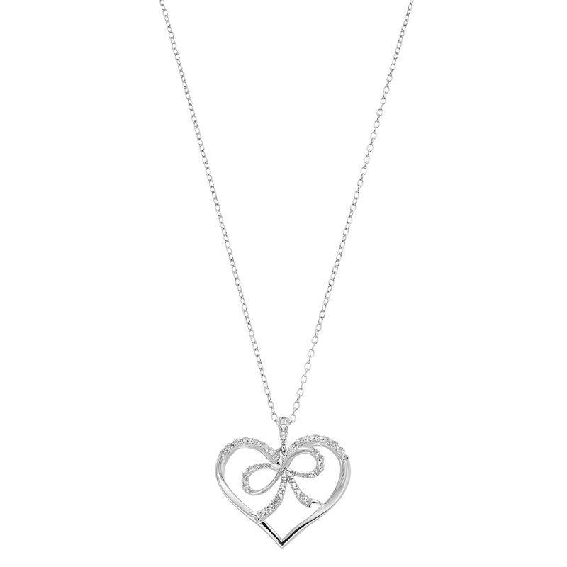 Sterling Silver Lab-Created White Sapphire Heart & Bow Pendant Necklace, Womens Product Image