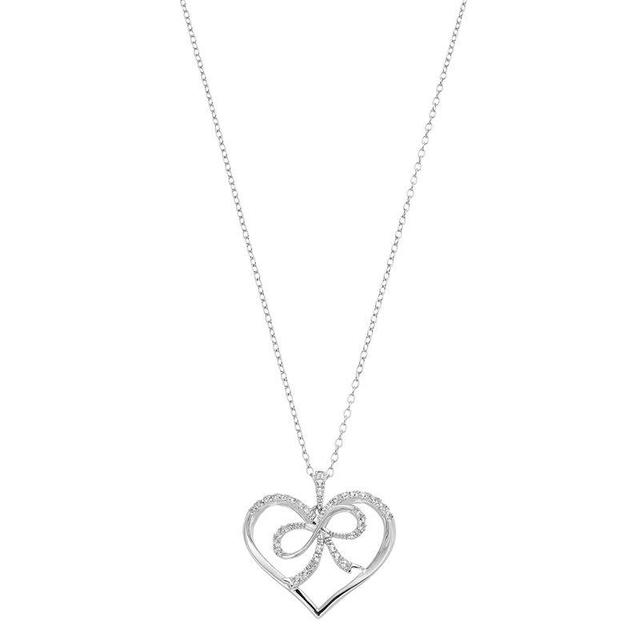 Sterling Silver Lab-Created White Sapphire Heart & Bow Pendant Necklace, Womens Product Image