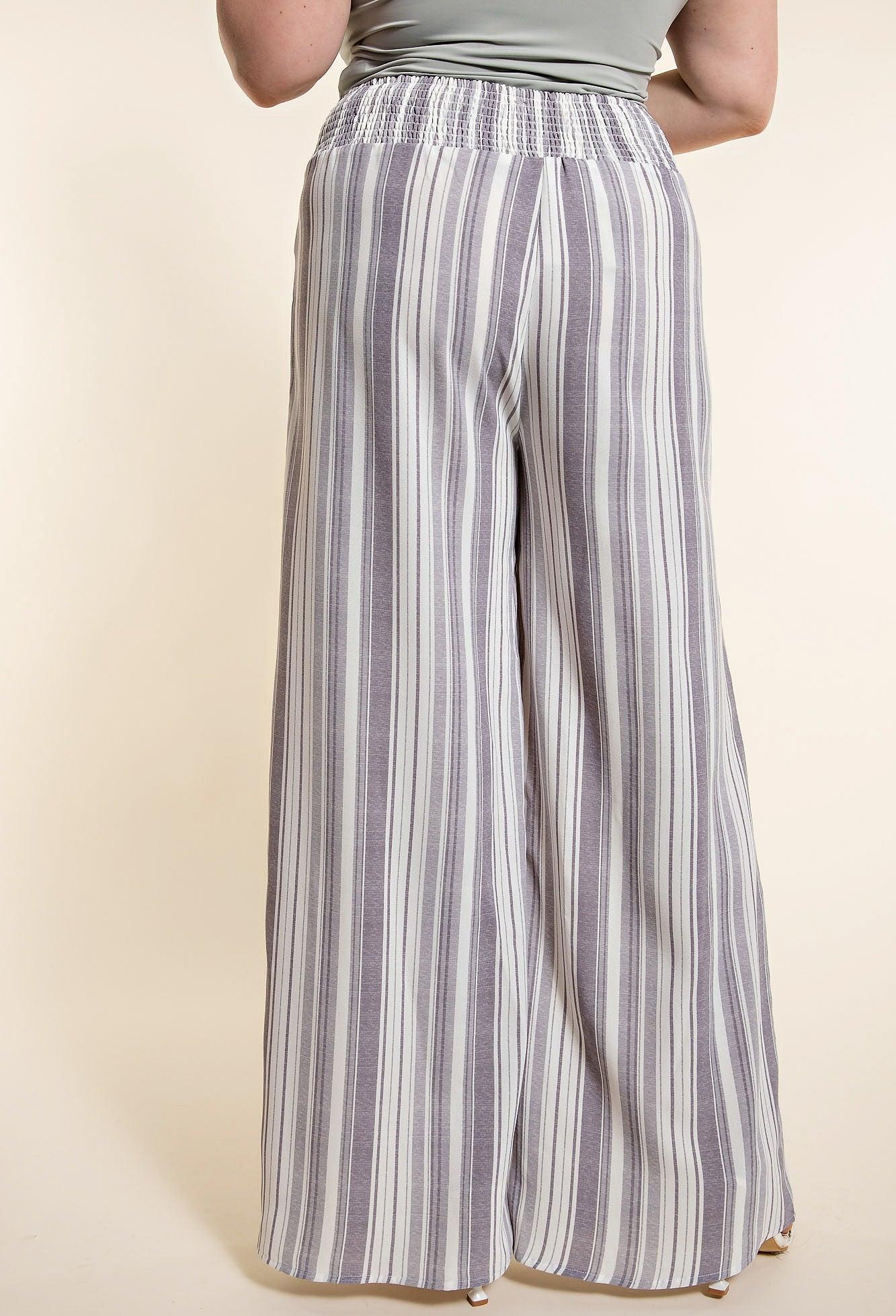 Plus Grey Stripe Smocked Pants Product Image