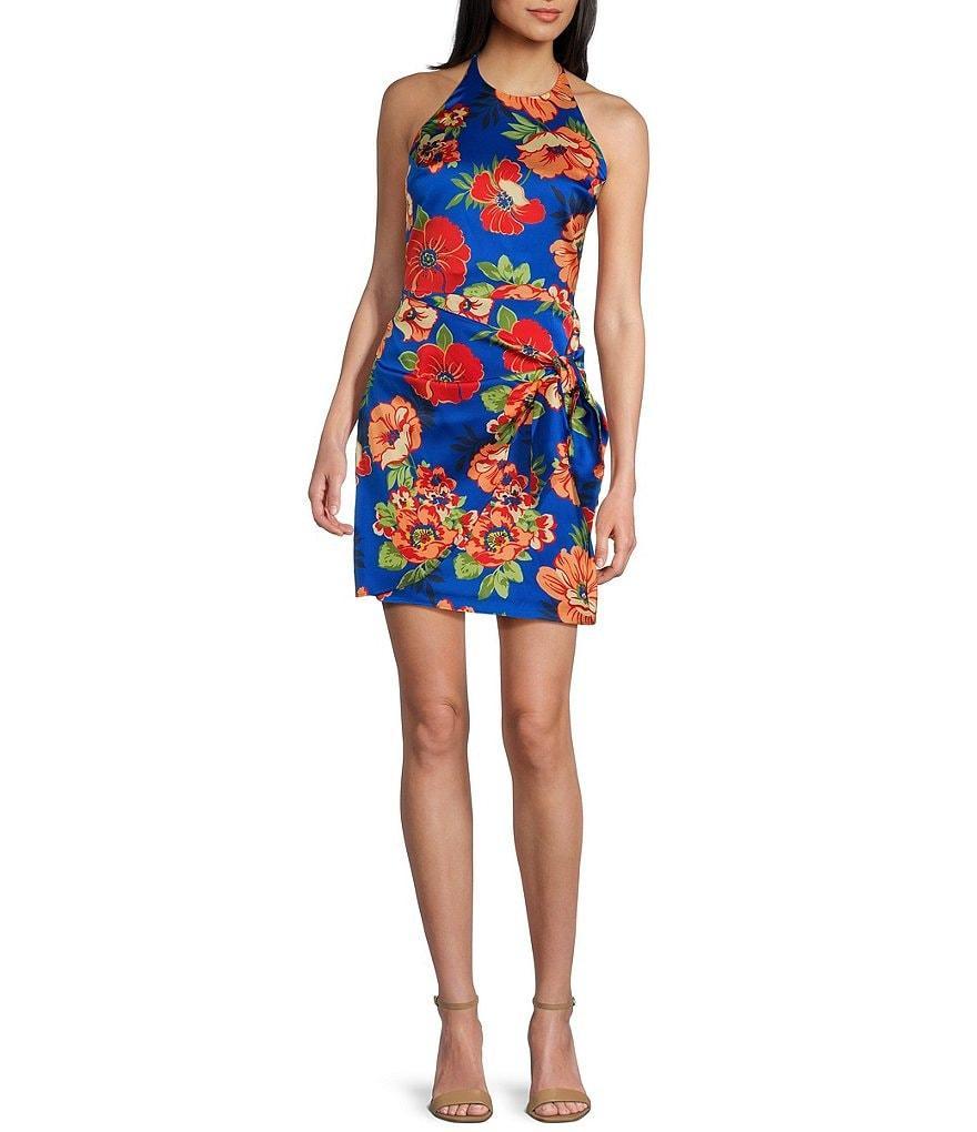 Guess Harper Tropical Floral Print Halter Neck Tie Waist Mini Dress Product Image