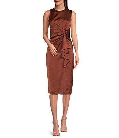 Vince Camuto Satin Tuck Waist Ruffle Skirt Midi Dress Product Image