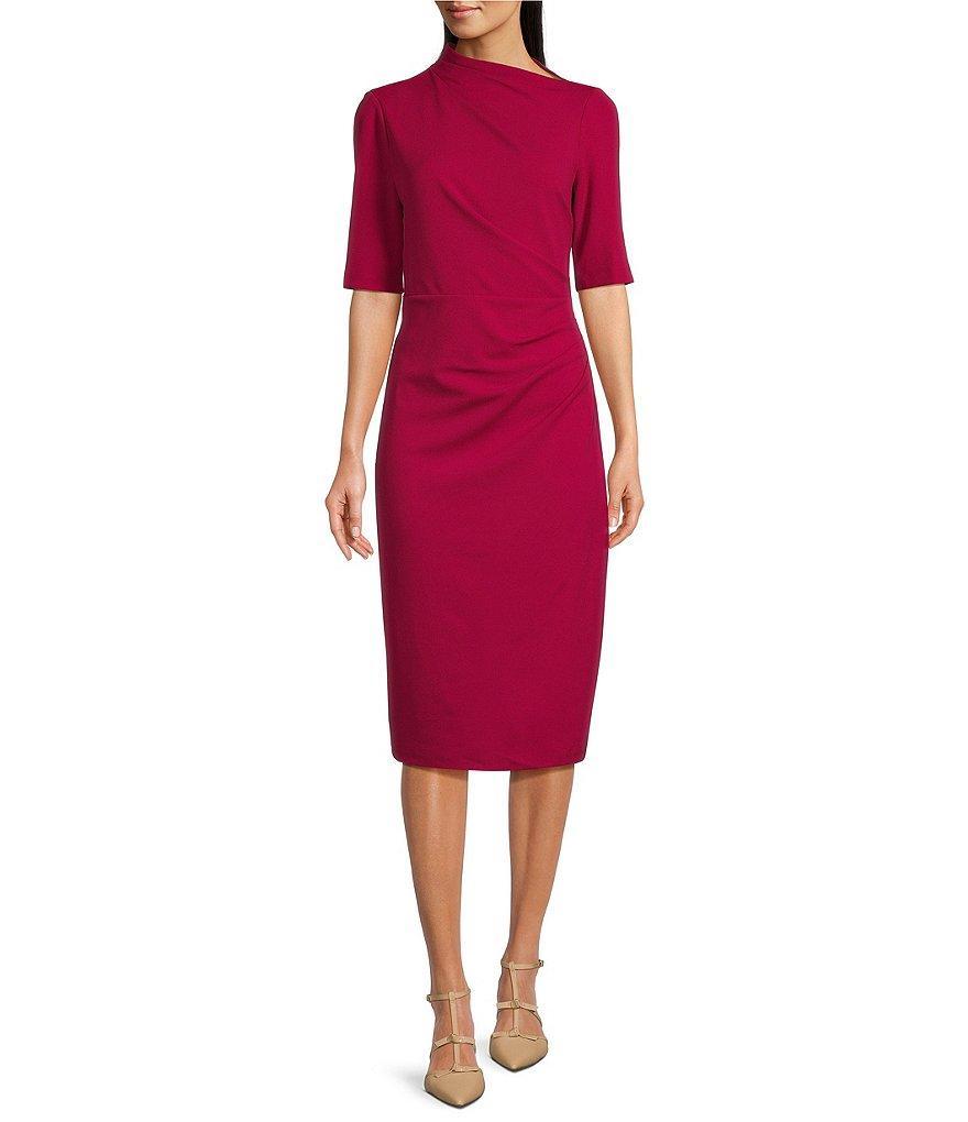 Maggy London Mock Neck Short Sleeve Draped Midi Sheath Dress Product Image