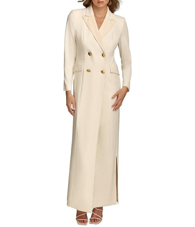 Donna Karan V-Neck Long Sleeve Side Slit Crepe and Satin Long Jacket Dress Product Image