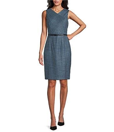 Kasper Tweed V-Neck Sleeveless Belted Sheath Dress Product Image