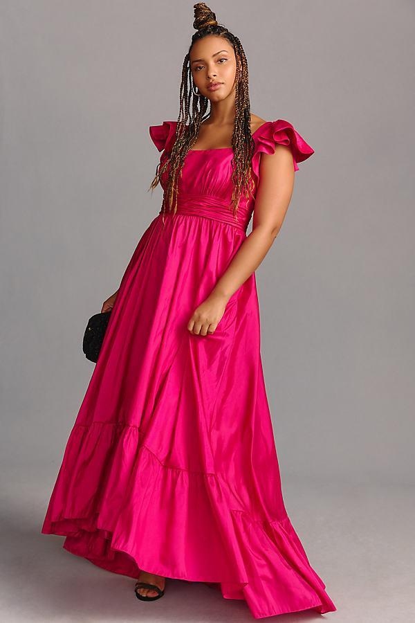 Plus Flutter-Sleeve A-Line High-Low Ruffle-Hem Gown Product Image