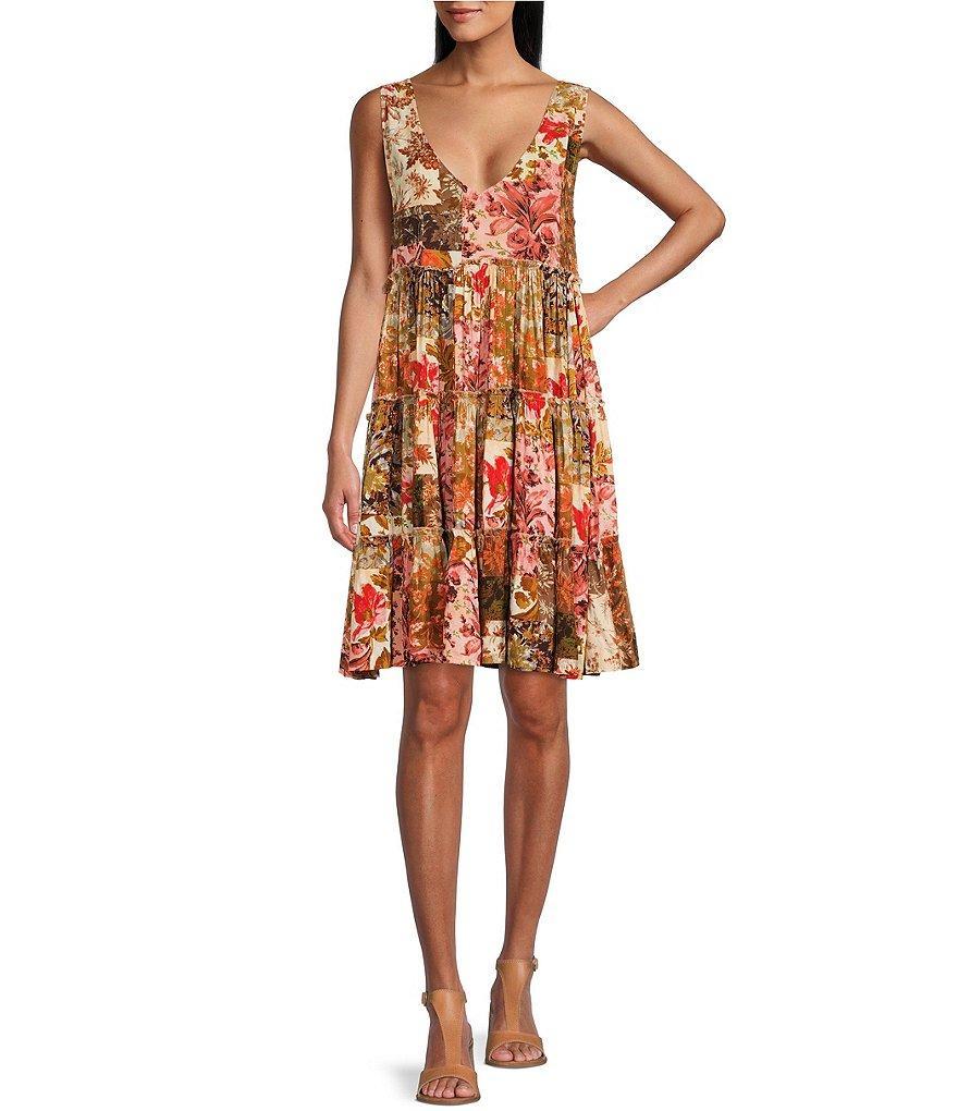 Talisman Lucky Charm Enchanted Patchwork Print V-Neck Tiered Swing Dress Product Image