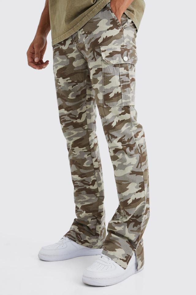 Slim Stacked Ripstop Split Hem Cargo Camo Pants | boohooMAN USA Product Image