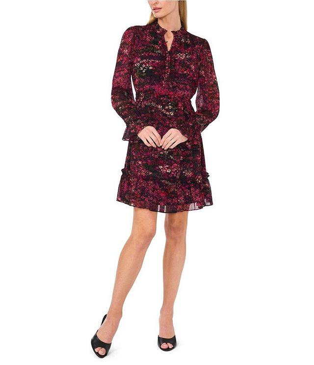 CeCe Woven Yoryu Ditsy Floral Print Split Round Mock Neck Long Sleeve Button Front Tie Waist A-Line Mini Dress Product Image